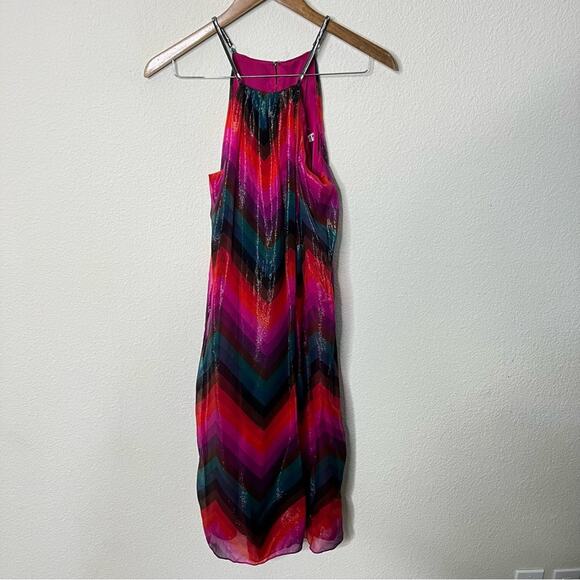 Trina Turk Metallic Chevron Striped Trapeze Halter Dress Womens Size S - Picture 3 of 6